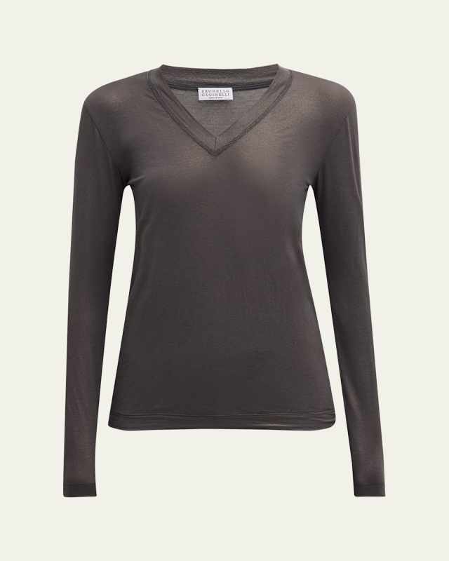 Monili V-Neck Long-Sleeve Lame Jersey Top